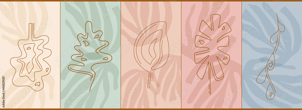 A set of boho style cover templates, fancy tropical leaves in a linear style. In the background is the shadow of monstera. Vector illustration. Solid line. Muted colors.