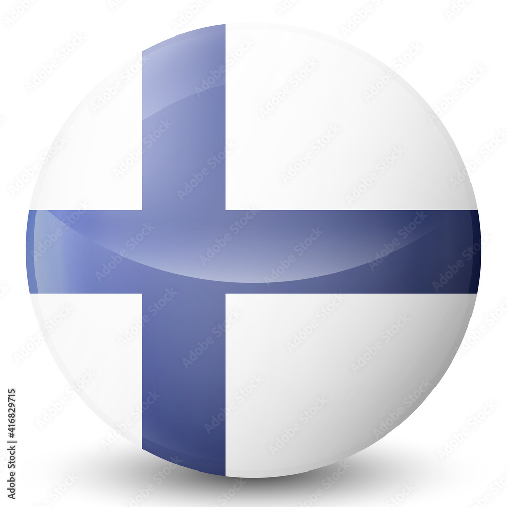 Obraz premium Glass light ball with flag of Finland. Round sphere, template icon. Finnish national symbol. Glossy realistic ball, 3D abstract vector illustration highlighted on a white background. Big bubble.