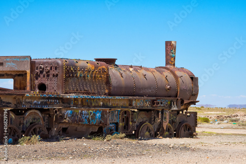 Antique train cemetery on the desert, Uyuni, Potosi Department, Bolivia