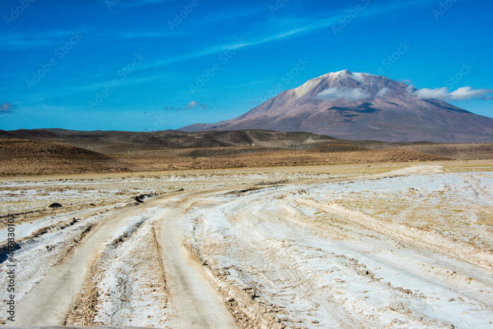 Ollague volcano with salt land, Potosi Department, Bolivia