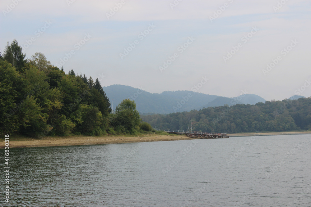 Looking at the surface of a large and beautiful mountain lake