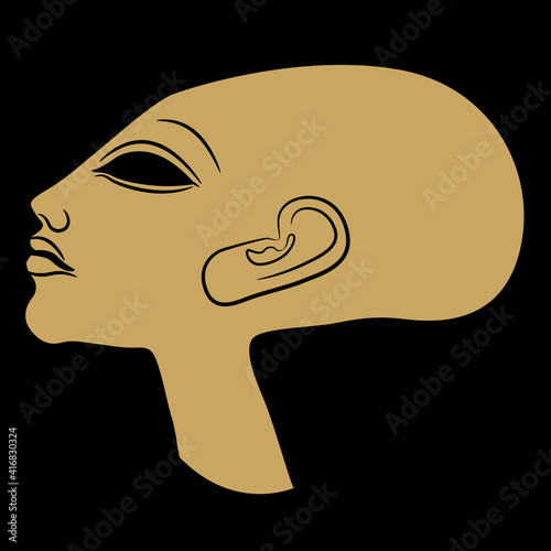 Portrait of bald ancient Egyptian princess with elongated head in profile. Daughter of pharaoh Akhenaten. Amarna style. Black and yellow monochrome silhouette.