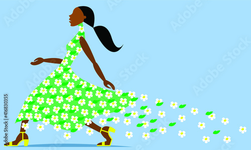 Vector graphics-a young beautiful dark-skinned female top model goes in a green dress with crumbling white flowers on a blue background and a copy space. The concept of summer.