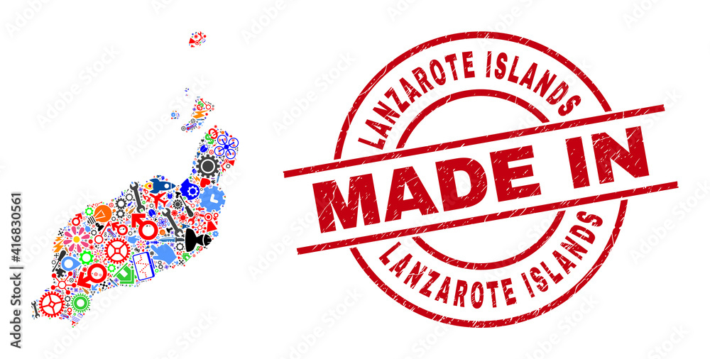 Education mosaic Lanzarote Islands map and MADE IN scratched rubber stamp. Lanzarote Islands map mosaic composed with wrenches, cogs, screwdrivers, components, transports, electricity strikes, Education mosaic Lanzarote Islands map and MADE IN scratched rubber stamp. Lanzarote Islands map mosaic composed with wrenches, cogs, screwdrivers, components, transports, electricity strikes,