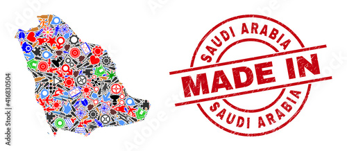 Industrial mosaic Saudi Arabia map and MADE IN scratched stamp. Saudi Arabia map collage created with spanners, gearwheels, instruments, elements, vehicles, electricity strikes, details.