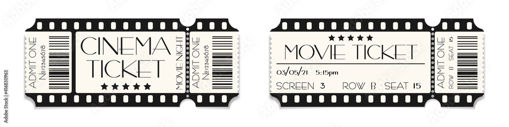 Cinema ticket template mockup with barcode. Vector illustration of realistic show admission in retro style. Vintage performance ticket or coupon design Cinema ticket template mockup with barcode. Vector illustration of realistic show admission in retro style. Vintage performance ticket or coupon design