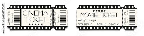 Cinema ticket template mockup with barcode. Vector illustration of realistic show admission in retro style. Vintage performance ticket or coupon design