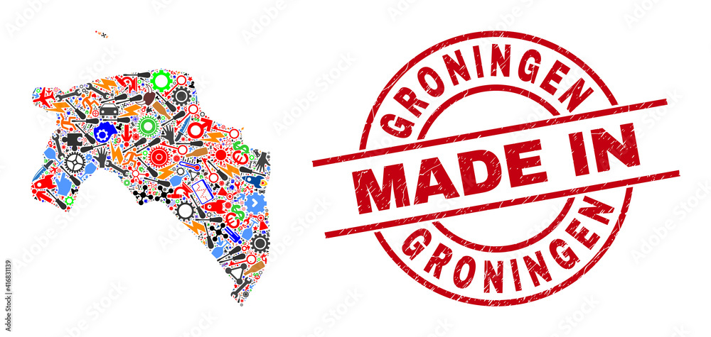Component Groningen Province map mosaic and MADE IN scratched rubber stamp. Groningen Province map mosaic designed with spanners, wheels, instruments, aircrafts, transports, power bolts, details.