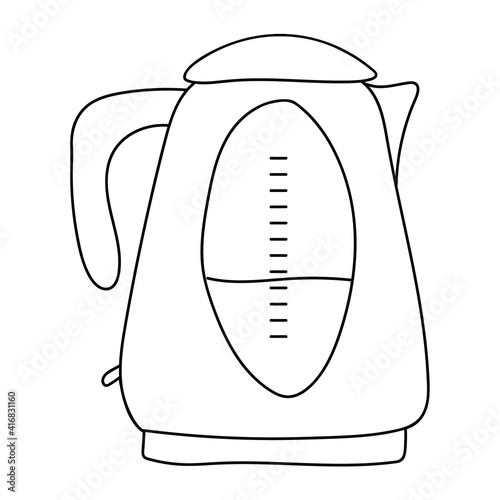 Electric kettle, household appliance on a white background. Shiny tea kettle for boiling water. Vector illustration in doodle style for logo design, icon, sticker, website, magazine