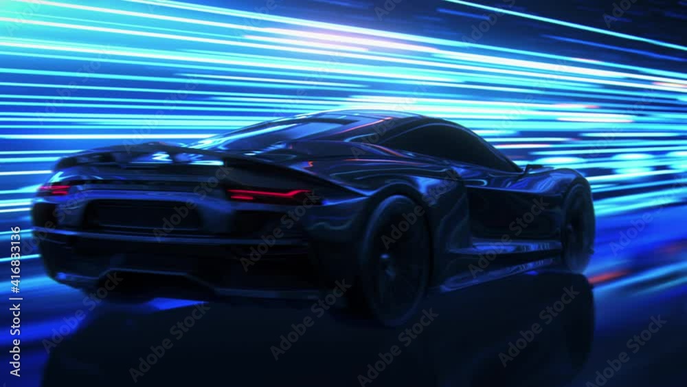 3D Car Model: Sports Car Driving at on a Wet Road on High Speed, Racing Through the Colorful Tunnel With Lights Reflecting Everywhere. Dark Supercar Driving Fast on Highway. VFX Animation. Arc Shot
