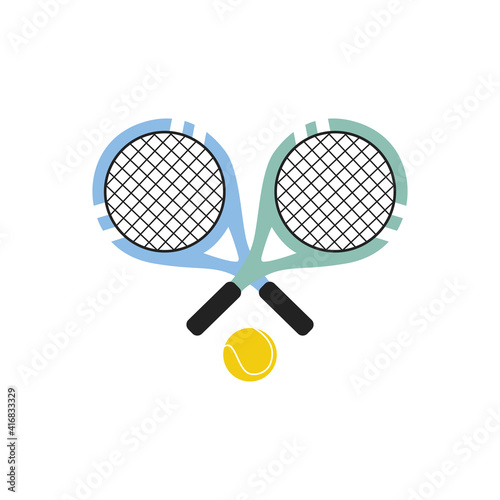 two colored tennis rackets with yellow tennis ball on a white background vector Illustration flat style