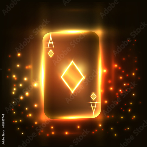Neon orange and yellow ace of diamonds from the deck og cards for gambling game, poker, casino,  bright background