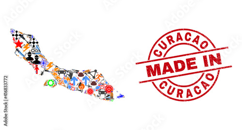 Science Curacao Island map mosaic and MADE IN scratched rubber stamp. Curacao Island map mosaic designed with wrenches, gearwheels, instruments, elements, transports, power sparks, details.