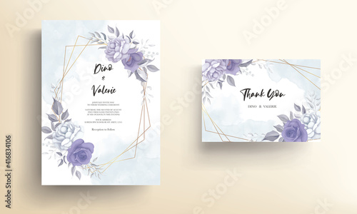 Modern wedding invitation card with beautiful purple flower decoration