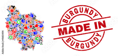 Education mosaic Burgundy Province map and MADE IN grunge rubber stamp. Burgundy Province map mosaic composed with spanners, wheels, tools,, keys, transports, electricity strikes, details.