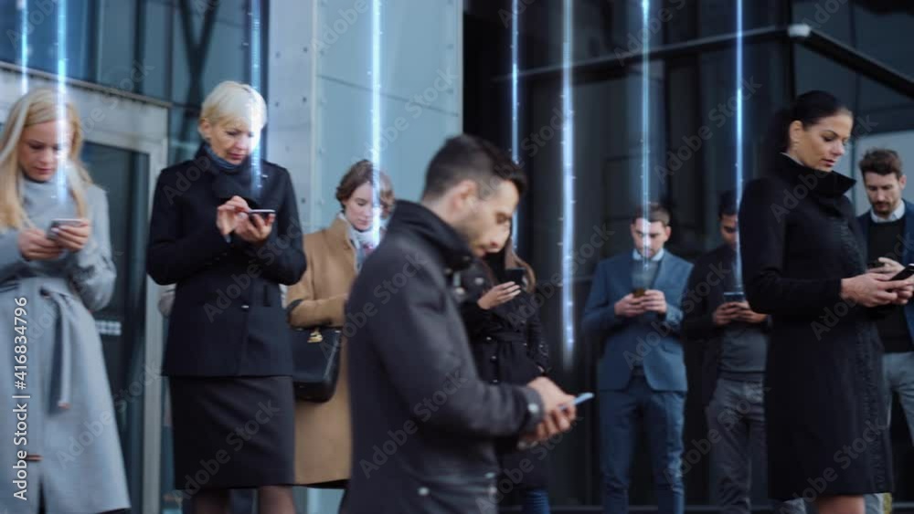 Diverse Crowd of Interconnected Business People on Street using Smartphone Mobiles Sending Information Up into the World Wide Connected Social Network. Diverse People Use Internet to do E-Business