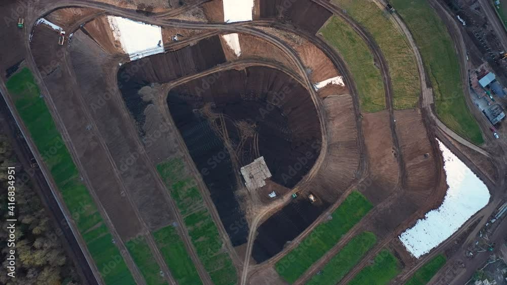 Overhead aerial view of former garbage dump after recultivation. Solving ecology problem with waste Overhead aerial view of former garbage dump after recultivation. Solving ecology problem with waste