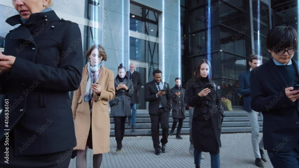 Successful Group of Interconnected Business People Walking Street using Smartphone Sending Data Up into the World Wide Connected Social Network. Diverse People Use Internet to do E-Business