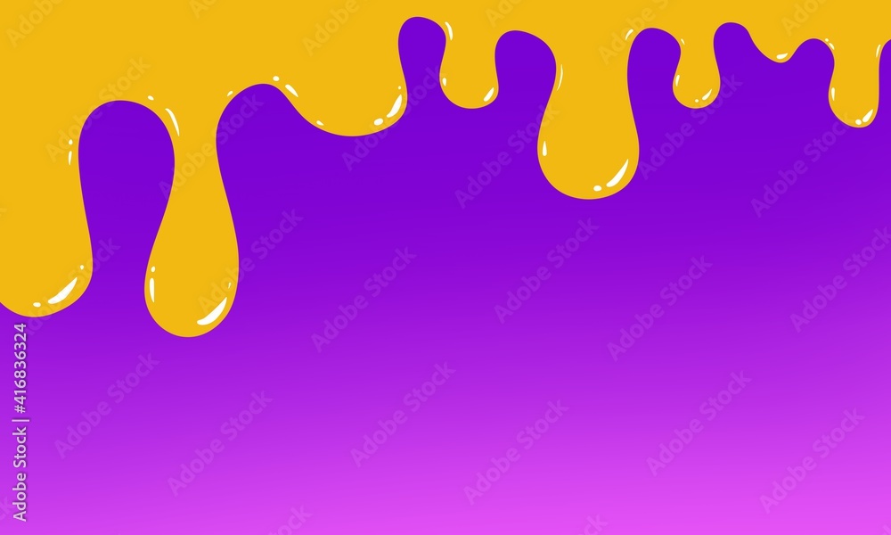 Liquid dripping drops of yellow paint. Rectangular purple, lilac, violet gradient background. Empty place.