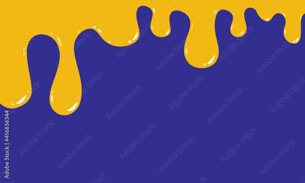 Honey dripping drops. Yellow liquid paint. Blue background. Empty space for text. Honey dripping drops. Yellow liquid paint. Blue background. Empty space for text.