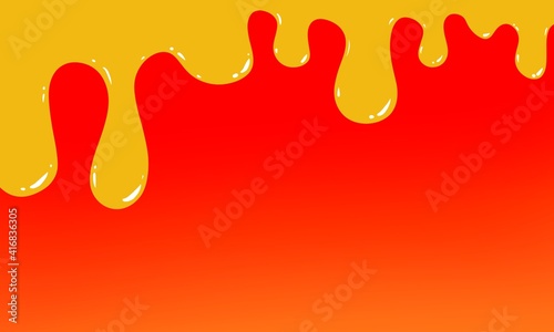 Liquid dripping drops of red paint. Yellow drops of honey on a red background. Empty place.
