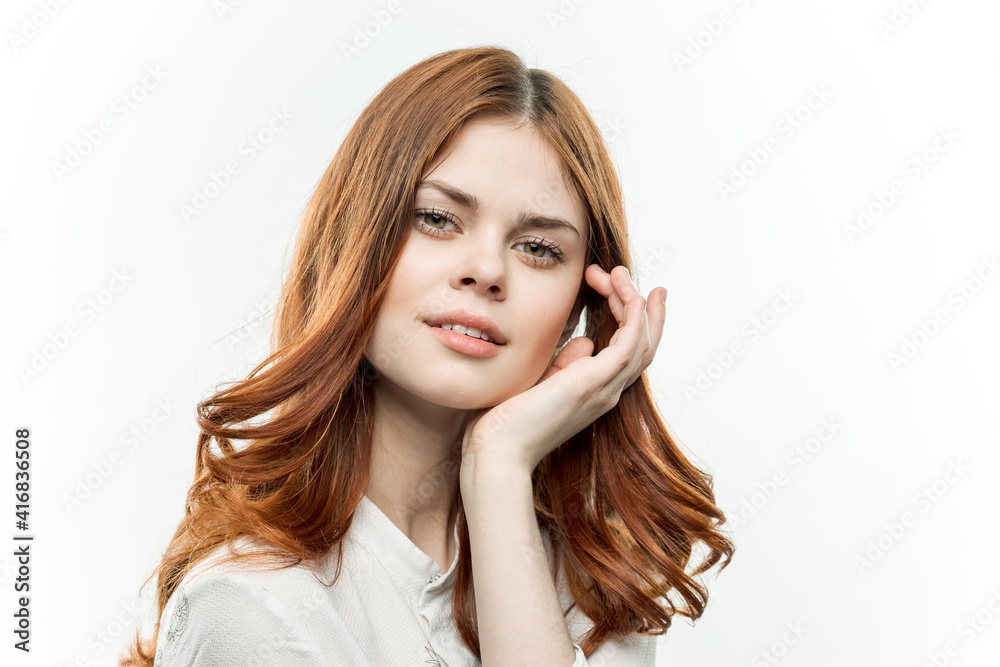 attractive woman red hair glamor emotion cropped view attractive woman red hair glamor emotion cropped view