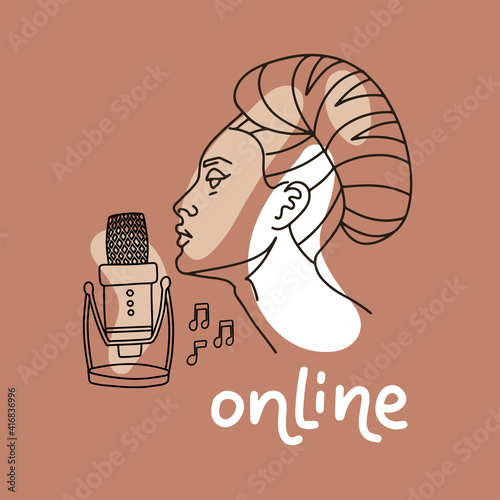 Woman with a microphone on a pastel beige background, vocalist. Vector linear trendy illustration. Beautiful young woman sings online.