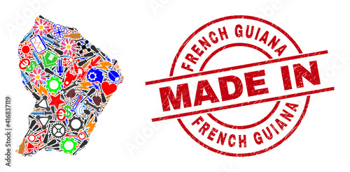 Development mosaic French Guiana map and MADE IN textured stamp. French Guiana map mosaic composed from wrenches, gear wheels, screwdrivers, items, transports, electric bolts, details.