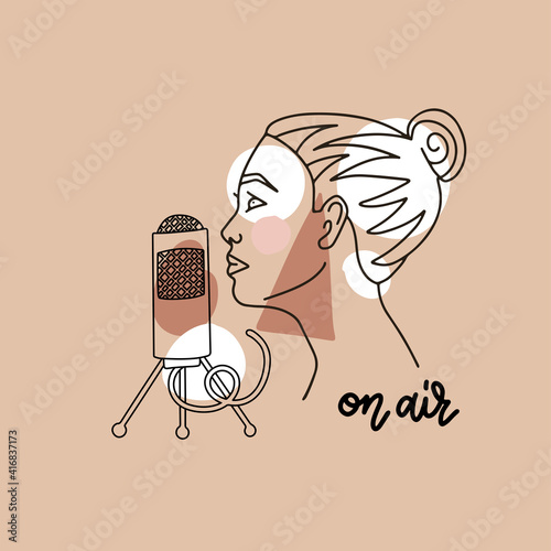 Podcasting concept. Young woman recording a show in a studio. Cute female host make a new content for her social media blog on air. Vector trendy linear abstract illustration in pastel retro style..