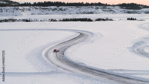 Aerial view of a racing car at an ice rally