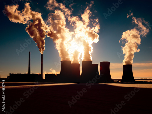 coal fired power station silhouette at sunset, Pocerady, Czech republic