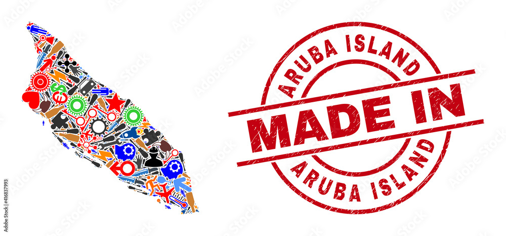 Education mosaic Aruba Island map and MADE IN textured stamp seal. Aruba Island map collage formed with wrenches, gear wheels, screwdrivers, elements, cars, power bolts, details. Education mosaic Aruba Island map and MADE IN textured stamp seal. Aruba Island map collage formed with wrenches, gear wheels, screwdrivers, elements, cars, power bolts, details.