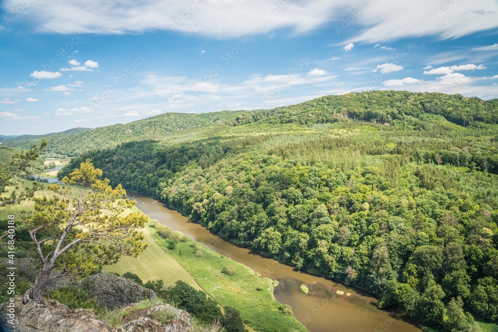 Canyon of river Berounka, view from a hill Certova skala in a Hracholusky village Czech Republic.