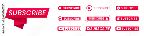 Red subscribe button icons with ring symbol. Subscribe to channel for blogging, streaming, broadcasting. Template for social media. Concept of business subscription, advertisement