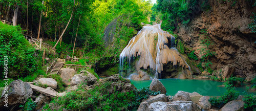 Panorama of Ko luang waterfall turquoise blue river, Mae Ping National Park, Lum phun, Thailand. 