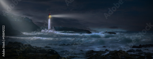 Storm over the sea with lighthouse and beacon - stormy weather with waves over cliffs. 