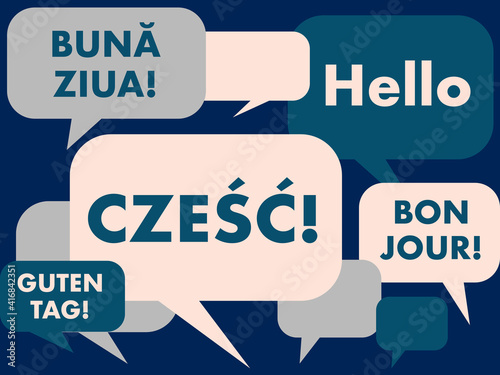 Polish language courses concept illustration. Translation from left to right: word 