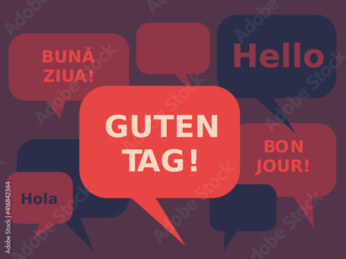 German language courses illustration. Translation from left to right: word "Hello" in Romanian,, German, English, French and Spanish language. Abstract speech bubbles vector.