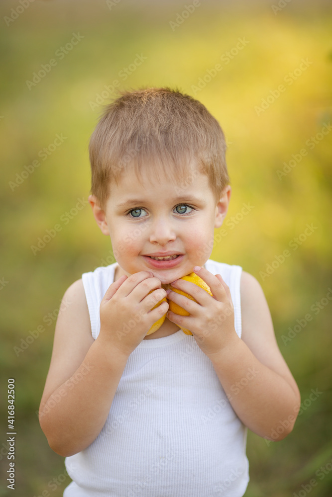 A cute boy with blond hair in a white T-shirt with summer lemons in the garden under a tree A cute boy with blond hair in a white T-shirt with summer lemons in the garden under a tree
