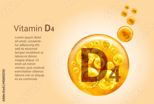 Vitamin D4. Baner with vector images of golden balls with oxygen bubbles. Health concept.