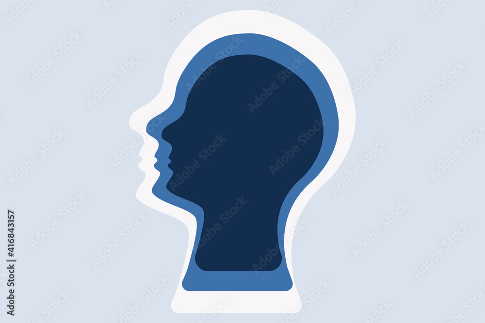 Abstract human head illustration. Deep thinker, profound mind concept. Human profile contour, multilayered effect. Blue tones. 