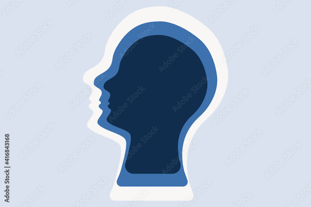 Abstract human head illustration. Deep thinker, profound mind concept. Human profile contour, multilayered effect. Blue tones. Vector. Abstract human head illustration. Deep thinker, profound mind concept. Human profile contour, multilayered effect. Blue tones. Vector.
