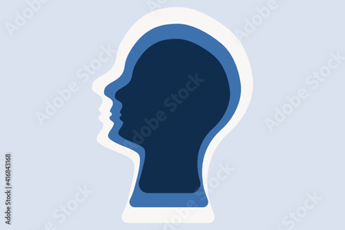 Abstract human head illustration. Deep thinker, profound mind concept. Human profile contour, multilayered effect. Blue tones. Vector.