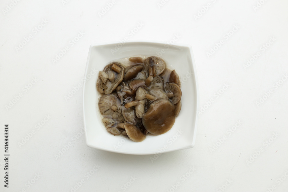 Pickled mushrooms mushrooms in a white plate isolated on white background Pickled mushrooms mushrooms in a white plate isolated on white background