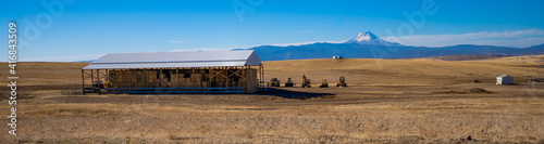A panorama image of Mt Hood and a hay storage barn on Tyge Ridge near Dufur Oregon