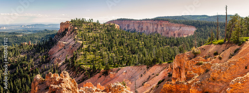 Photographie Panorama shot of pink sandstone mountains with green conifers on top in Bryce ca