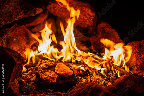 Night close up of chichen stake coocing on burning branch over fire in fireplace