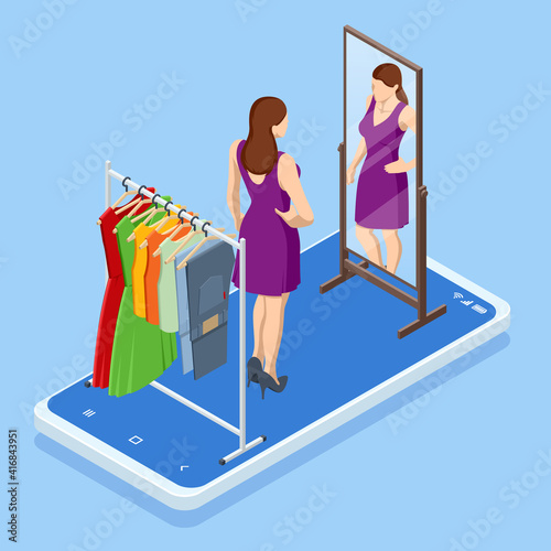 Isometric Smart phone online shopping, clothing store concept. Online shopping e-commerce. Modern shopping app on smart phone. Buying clothes on web site or app.