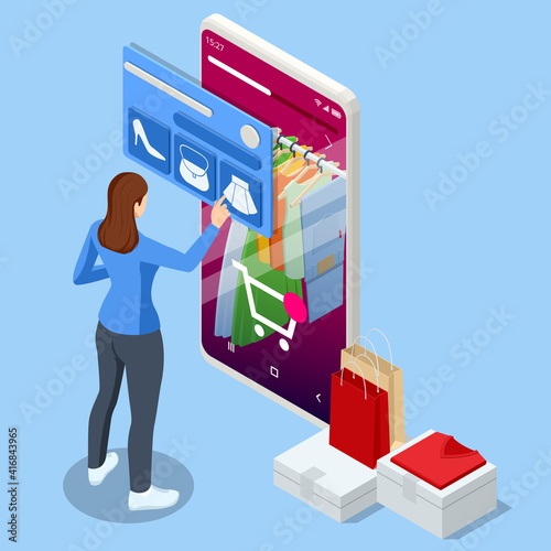 Isometric Smart phone online shopping, clothing store concept. Online shopping e-commerce. Modern shopping app on smart phone. Buying clothes on web site or app.