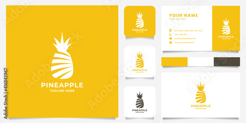 Simple and minimalist pineapple flat design logo with business card, icon, and color palette